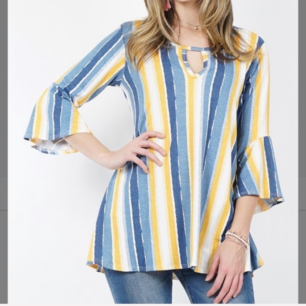 Denim Ivory Stripe 3/4 Bell-Sleeve Tunic, M